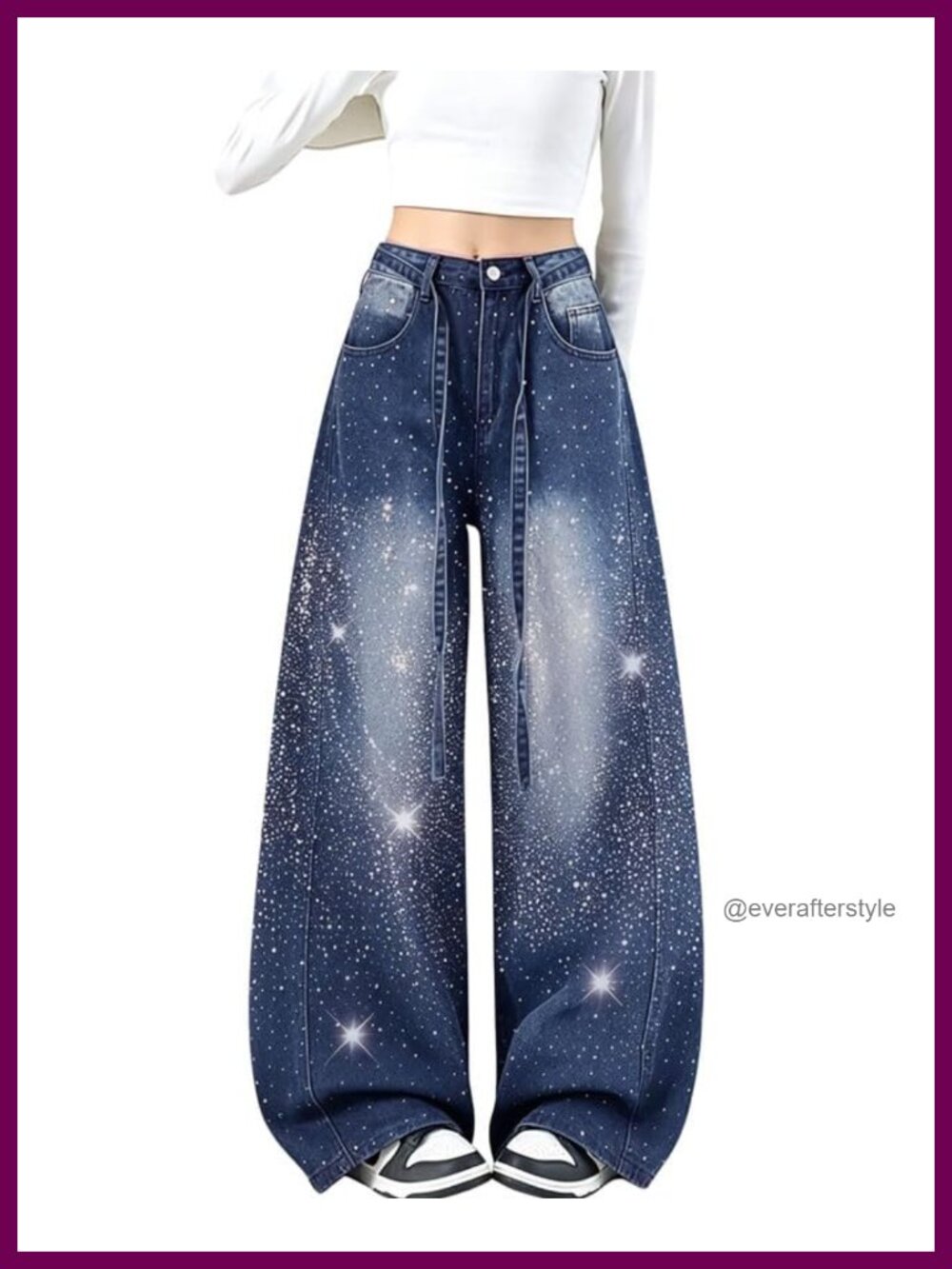 High Waisted Rhinestone Baggy Barrel Jeans Wide Leg Women's
